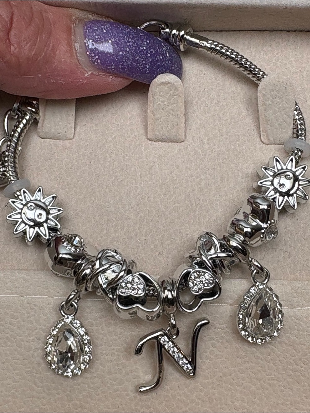 Bracelet- Letter, initial N  Silver Tone Alloy Charm Bracelet that has extension